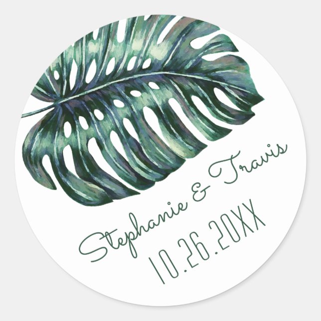 Sticker Rond Monstera Tropical Palm Leaf Mariage Date (Devant)