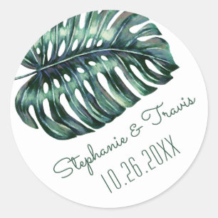 Sticker Rond Monstera Tropical Palm Leaf Mariage Date