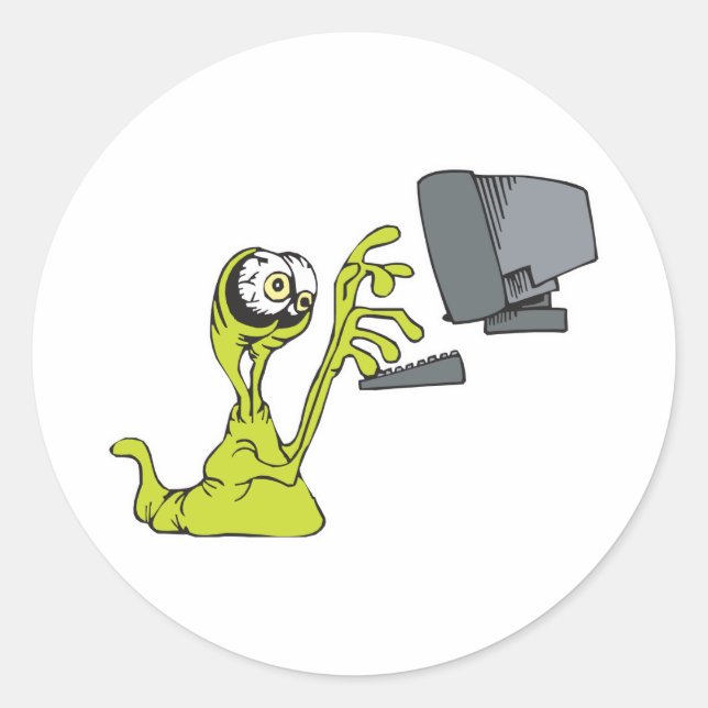 Sticker Rond monstre alien blob vert en train de taper sur un o (Devant)