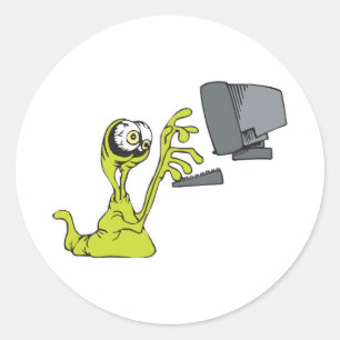 Sticker Rond monstre alien blob vert en train de taper sur un o