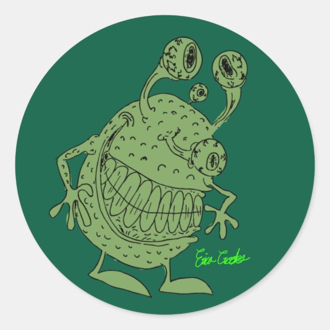 Sticker Rond monstre alien vert aux 4 yeux tout vert (Devant)