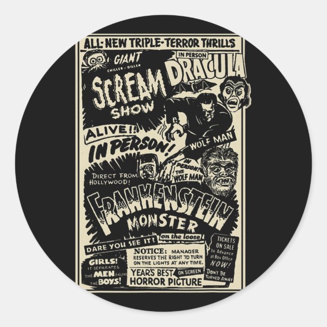 Sticker Rond Monstre de film d'horreur Mummy Dracula Werewolf F (Devant)