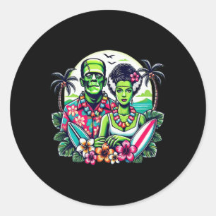Sticker Rond Monstre de Frankenstein et mariée tropical Hawaïen