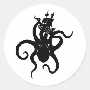 Sticker Rond Monstre de mer bleu et noir Kraken avec navire