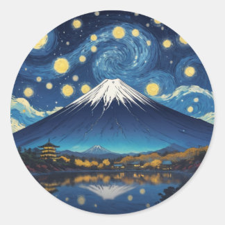 Sticker Rond mont fuji à la nuit étoilée
