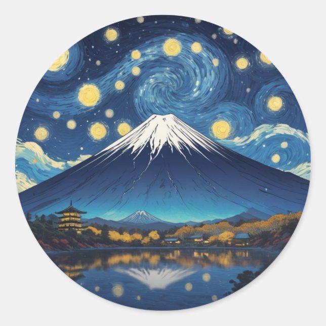 Sticker Rond mont fuji à la nuit étoilée (Devant)
