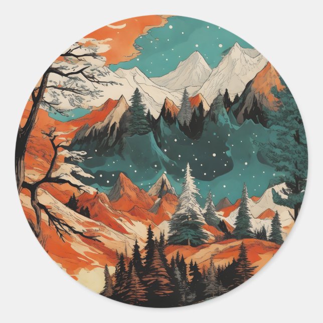 Sticker Rond Montagnes et étoiles (Devant)