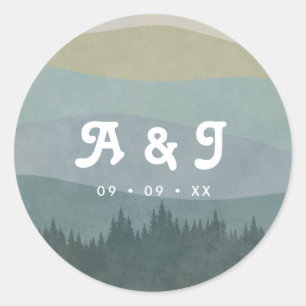 Sticker Rond Montagnes Rétro Bleues et Monogramme de Mariage en
