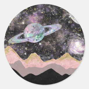 Sticker Rond Montagnes Spatiales Ciel Étoilé Galaxie Planètes