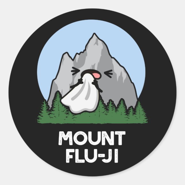 Sticker Rond Monte Flu-ji Funny Mountain Pun Dark BG (Devant)