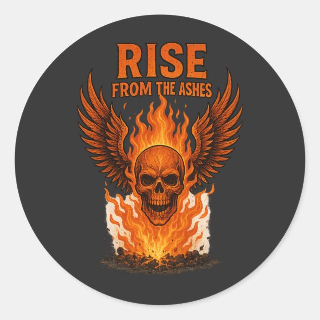 Sticker Rond Monter des cendres - Crâne flamboyant avec feu (Devant)