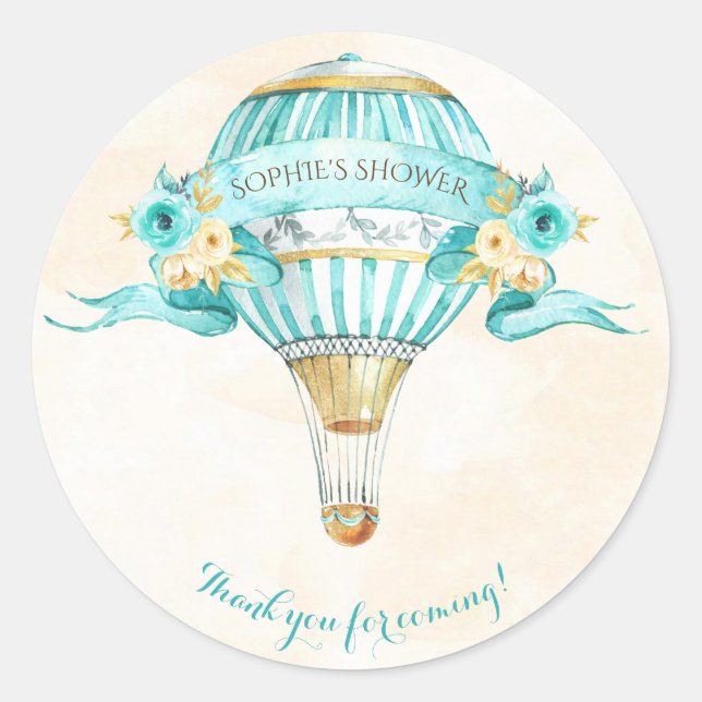 Sticker Rond Montgolfière Turquoise Or Jaune Roses (Devant)