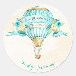 Sticker Rond Montgolfière Turquoise Or Jaune Roses