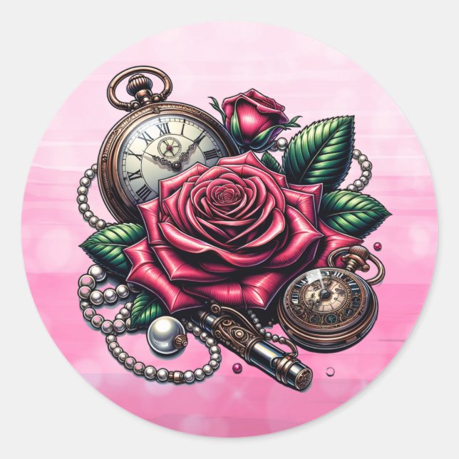 Sticker Rond Montres à poches en vapeur et Roses (Devant)