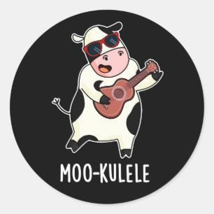 Sticker Rond Moo-kulele Funny Ukulele Cow Pun Dark BG