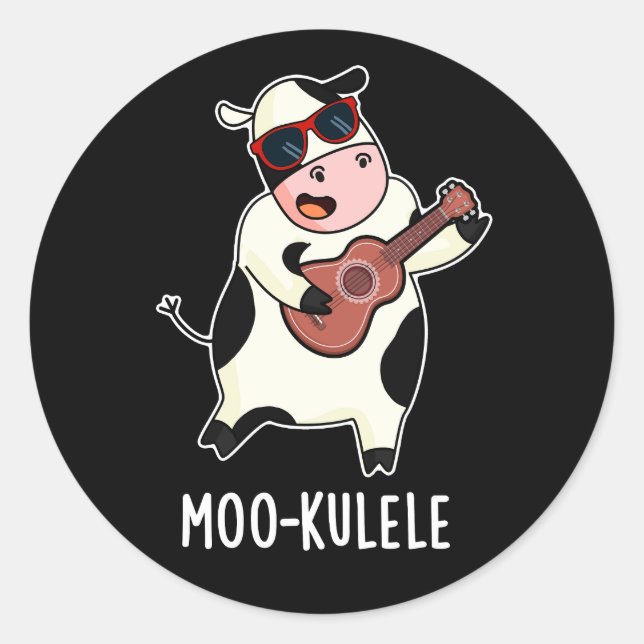 Sticker Rond Moo-kulele Funny Ukulele Cow Pun Dark BG (Devant)