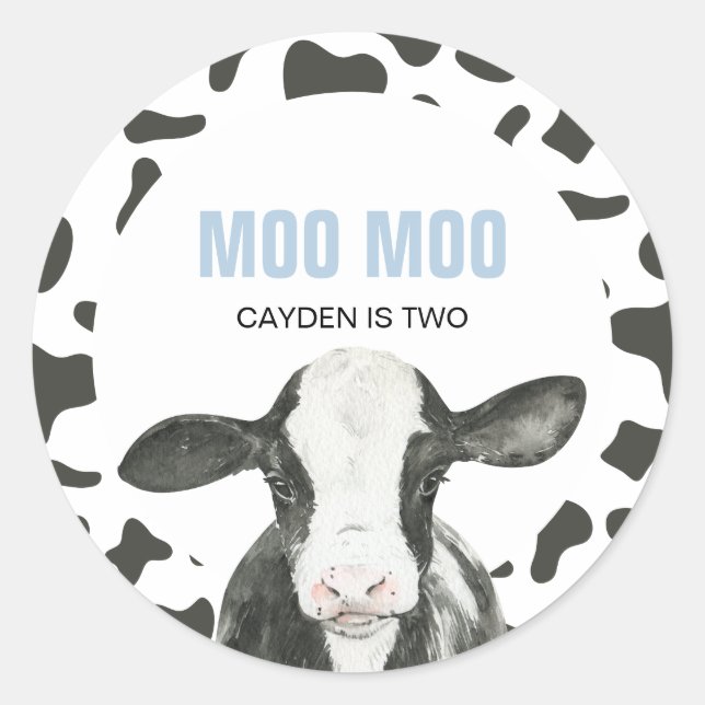 Sticker Rond MOO MOO J'ai DEUX Impression vache 2e anniversaire (Devant)