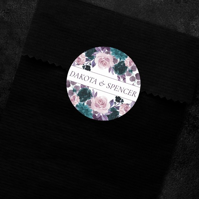 Sticker Rond Moody Boho | Eggplant Purple et Bouquets Turquoise (Créateur téléchargé)