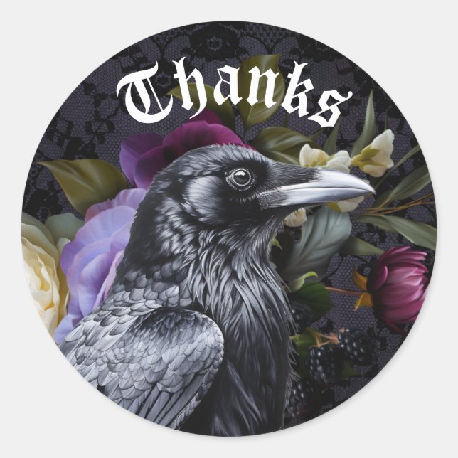 Sticker Rond Moody Elegant Purple | Bouquet Floral Au Corbeau (Devant)