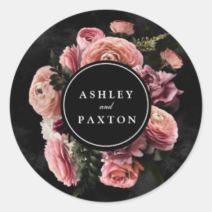 Sticker Rond Moody Elegant Rose   Bouquet floral sur noir