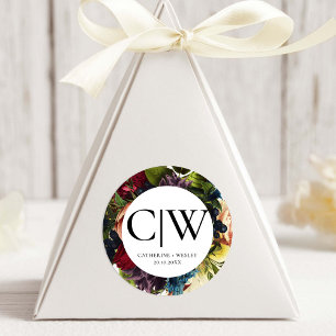 Sticker Rond Moody Floral Bourgogne Mariage Monogramme