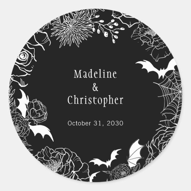 Sticker Rond Moody Gothic Floral Mariage Noir (Devant)