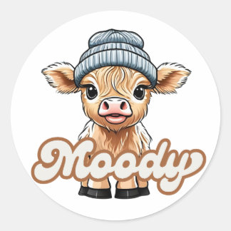 Sticker rond Moody Highland Cow