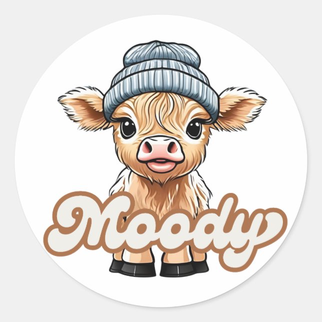 Sticker rond Moody Highland Cow (Devant)