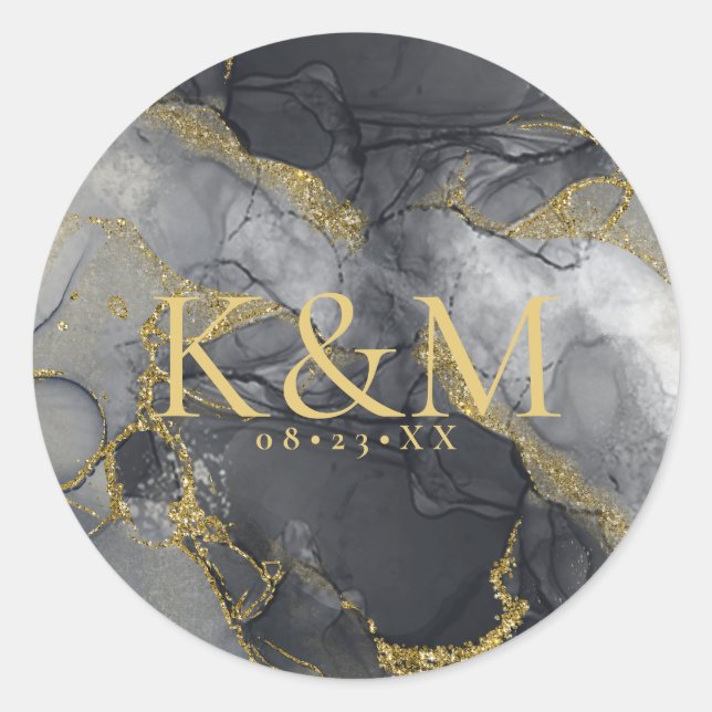 Sticker Rond Moody Ink Charcoal Gold Abstrait ID988 (Devant)
