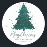 Sticker Rond Moody Merry Christmas | Dark Midnight Teal Tree<br><div class="desc">Tis the season to decorate and entertain! Modern, dark, and moody abstract holiday tree and hand-lettered "Merry Christmas" in with a rich, luxe palette. This elegant festive design features a whimsical sparkly Christmas tree with a frisky paint splatter enhanced with faux metallic glitter. For other colors or matching products, please...</div>