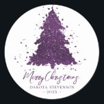 Sticker Rond Moody Merry Christmas | Dark Plum Purple Tree<br><div class="desc">Tis the season to decorate and entertain! Modern, dark, and moody abstract holiday tree and hand-lettered "Merry Christmas" in with a rich, luxe palette. This elegant festive design features a whimsical sparkly Christmas tree with a frisky paint splatter enhanced with faux metallic glitter. For other colors or matching products, please...</div>