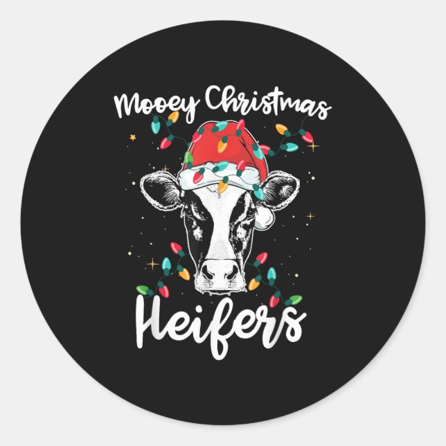 Sticker Rond Mooey Christmas Heifers Santa Xmas Lights Cow Love (Devant)