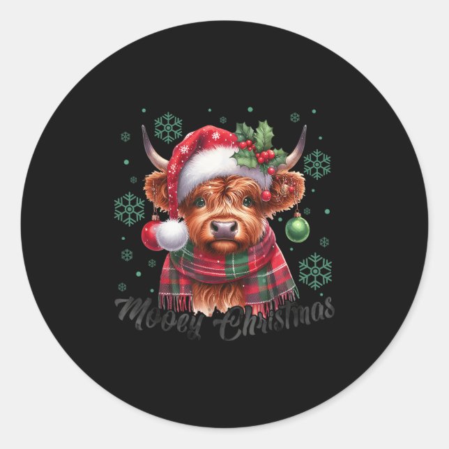 Sticker Rond Mooey Christmas Highland Cow Christmas Lights Cow  (Devant)
