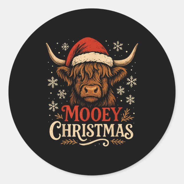 Sticker Rond Mooey Christmas Highland Cow Funny Santa Hat Desig (Devant)