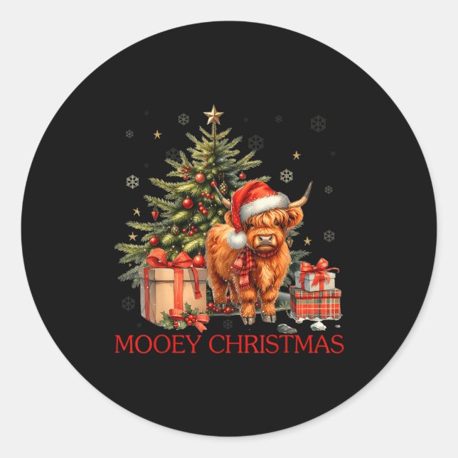 Sticker Rond Mooey Christmas Santa Highland Cow Santa Xmas Tree (Devant)