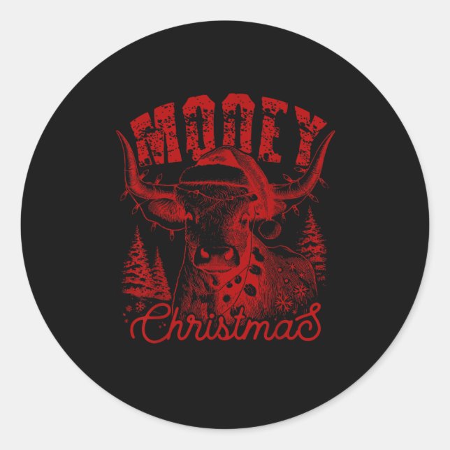 Sticker Rond Mooey Christmas Western Heifer Highland Cow Santa  (Devant)