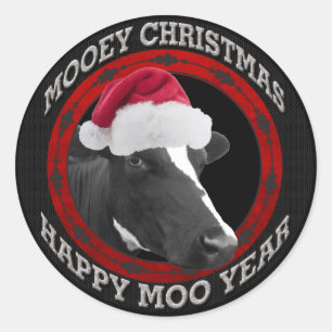 Sticker Rond Mooey Noël Bonne Moo Année Santa Hat Cow