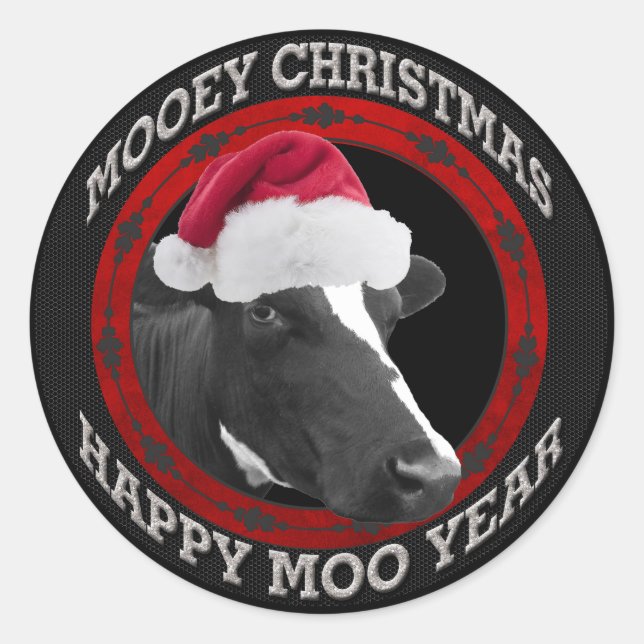 Sticker Rond Mooey Noël Bonne Moo Année Santa Hat Cow (Devant)