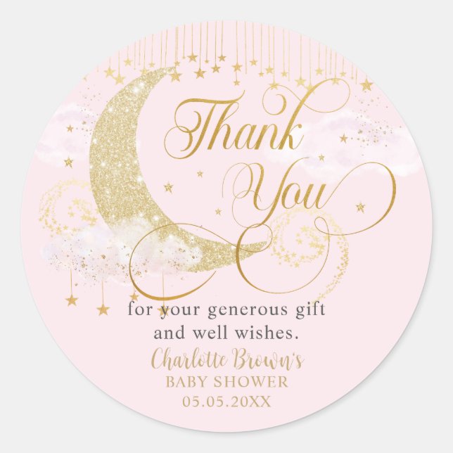 Sticker Rond Moon and Stars Pastel Pink Baby Shower Thank You (Devant)