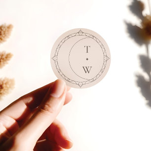 Sticker Rond Moon céleste et étoiles minimaux Monogramme Mariag