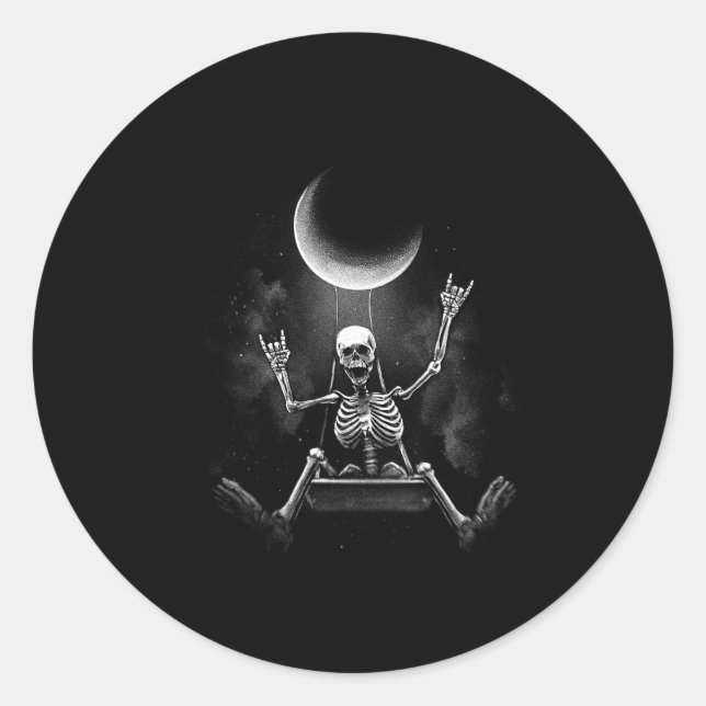 Sticker Rond Moon Swing Skeleton Rock Et Roll Halloween Roc (Devant)