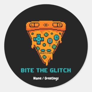 Sticker Rond Mords le Bug Retro Pizza Gamer Pixel 8 Bits