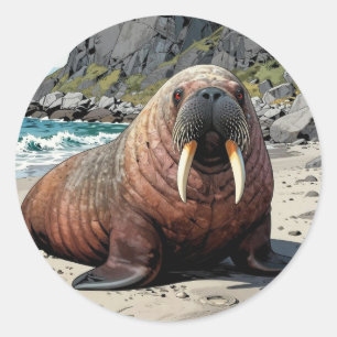 Sticker Rond Morse sur une plage de sable    Animaux mignons