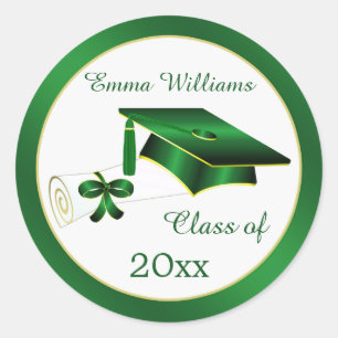 Sticker Rond Mortier vert et or, diplôme Graduation Postage