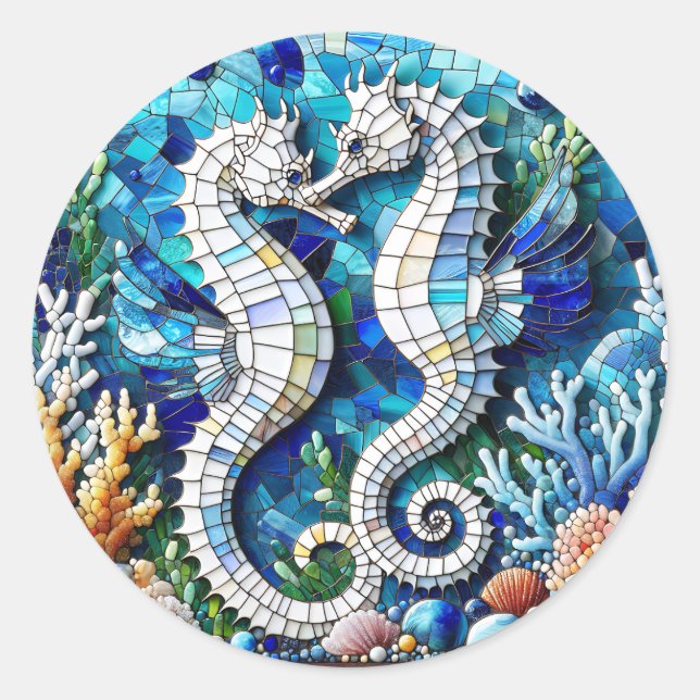 Sticker Rond Mosaic Seahorses Plage romantique (Devant)