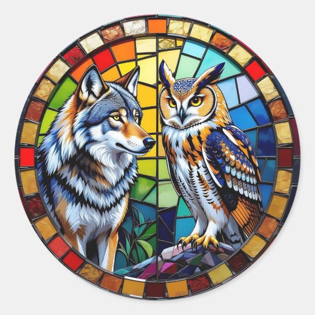 Sticker Rond Mosaic Wolf and Owl Vibrant Art (Devant)