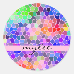 Sticker Rond Mosaïque coloré arc-en-ciel rose Monogramme Abstra