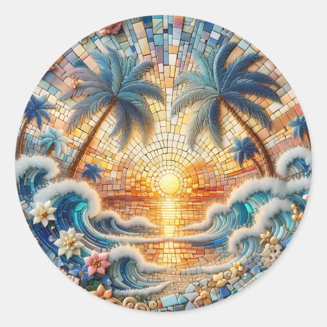 Sticker Rond Mosaïque magique Coucher de soleil tropical (Devant)