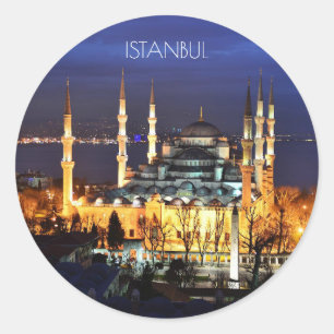 Sticker Rond Mosquée Bleue d'Istanbul Scène de Nuit Voyage Prem