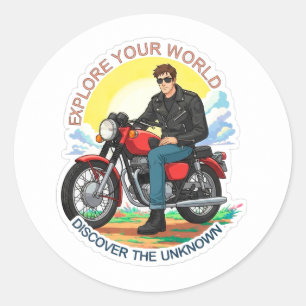 Sticker Rond Motard de dessin animé chevauchant une moto 